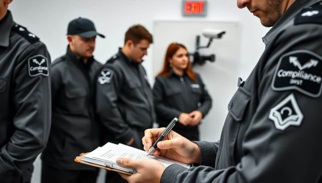 A professional security team stands vigilant, their uniforms crisp and composed. Highlighted in muted shades of gray, the "Compliance Sicherheitsdienst" insignia adorns their sleeves, a symbol of their commitment to safeguarding events and properties with precision and legal integrity. In the foreground, a guard meticulously records details in a leather-bound logbook, ensuring thorough documentation. In the middle ground, colleagues monitor security cameras, their expressions focused and alert. The background fades into a minimalist, monochromatic setting, emphasizing the team's disciplined presence and the importance of their duties. Subtle pops of color, like the red emergency exit sign, accentuate the scene, creating a sense of controlled order and attention to compliance.