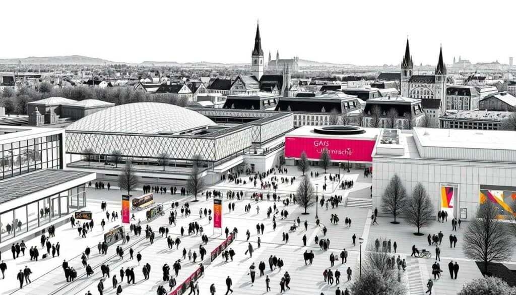 A scenic view of the Munich Textile Trade Fair grounds, captured in a striking black and white illustration with vibrant color accents. The foreground features the bustling arrival area, with visitors navigating through the modern architecture and transportation hubs. The middle ground showcases the iconic exhibition halls, their geometric facades casting dramatic shadows. In the background, the cityscape of Munich rises, its spires and rooftops creating a stunning silhouette. The overall mood is one of dynamic energy and anticipation, inviting attendees to explore the upcoming textile extravaganza. Carefully crafted lighting and a precise, technical rendering style bring this scene to life, highlighting the accessibility and allure of the "Anreise Textilmesse München" experience.