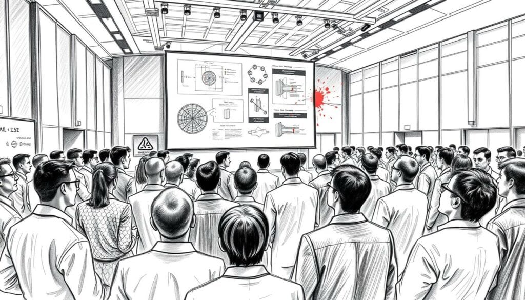 A scientific conference on printed electronics, with scientists in formal attire gathered around a central stage. The foreground features technical diagrams and schematics projected onto a large screen, with subtle pops of color highlighting key details. The middle ground showcases attendees intently discussing research findings, their expressions and gestures conveying an atmosphere of intellectual curiosity. The background depicts the conference hall, its architecture rendered in a stark, pencil-sketched style, punctuated by strategically placed splashes of vibrant hues that draw the eye towards the central focus. The overall scene evokes a sense of academic rigor, innovation, and the collective pursuit of scientific advancement, all rendered in a striking black and white palette with selective color accents.