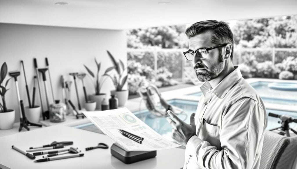 A serene and inviting scene of a comprehensive pool service consultation, rendered in a striking black and white palette with subtle pops of color. In the foreground, a knowledgeable pool expert gestures towards a detailed diagram, their face illuminated by soft, directional lighting that casts gentle shadows. The middle ground features an array of pool maintenance tools and equipment, each item meticulously detailed. In the background, a tranquil outdoor setting with lush greenery and a picturesque pool, hinting at the comprehensive services on offer. The overall atmosphere conveys a sense of professionalism, expertise, and a commitment to delivering exceptional pool care.