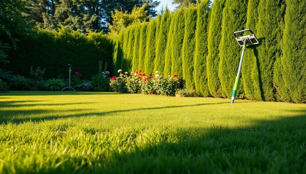 A serene garden oasis, lush with verdant foliage and vibrant blooms. In the foreground, a well-tended lawn, its blades neatly trimmed, casting long shadows in the warm afternoon light. A tall, neatly trimmed hedge frames the scene, its sharp edges accentuated by selective pops of color. In the background, a sleek, modern gardening tool stands at the ready, a symbol of efficiency and time-saving. The overall mood is one of tranquility and productivity, capturing the essence of "Zeitersparnis Gartenarbeit" - the joy of effortless, rewarding garden maintenance.