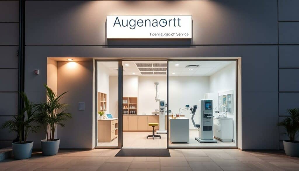 A serene medical office, its facade adorned with a subtle signage in a sleek, minimalist style. The entrance beckons, framed by clean architectural lines and soft lighting that casts a warm, welcoming glow. Inside, a neatly organized reception area, accented with pops of color that draw the eye, invites patients to take a seat and await their examination. Diagnostic equipment, meticulously arranged, hints at the expertise within, while the overall atmosphere exudes a sense of professionalism and care. This is the vision of a thoughtfully designed "Augenarzt Praxis" - a space that inspires confidence and a desire for quality healthcare.