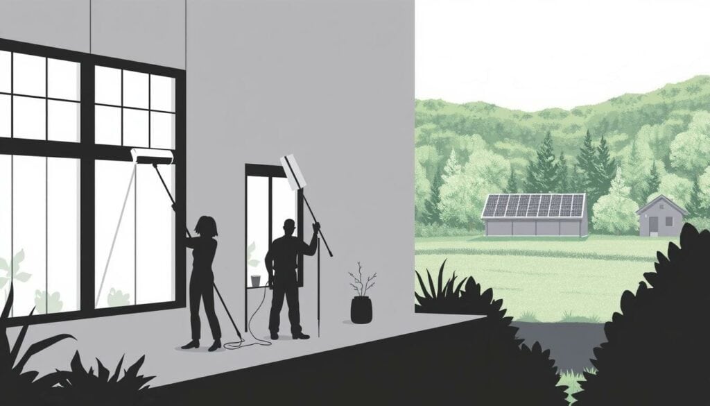 A serene, minimalist illustration of sustainable building maintenance. In the foreground, a cleaning crew diligently wipes down windows and surfaces, their movements graceful and efficient. The middle ground showcases the building's exterior, with energy-efficient windows and solar panels glinting in the soft, diffused lighting. In the background, a verdant landscape provides a natural backdrop, hinting at the building's eco-friendly design. The scene is rendered in a muted palette of blacks, whites, and subtle pops of color, conveying a sense of thoughtful, sustainable practices. The overall mood is one of calm professionalism and environmental stewardship.