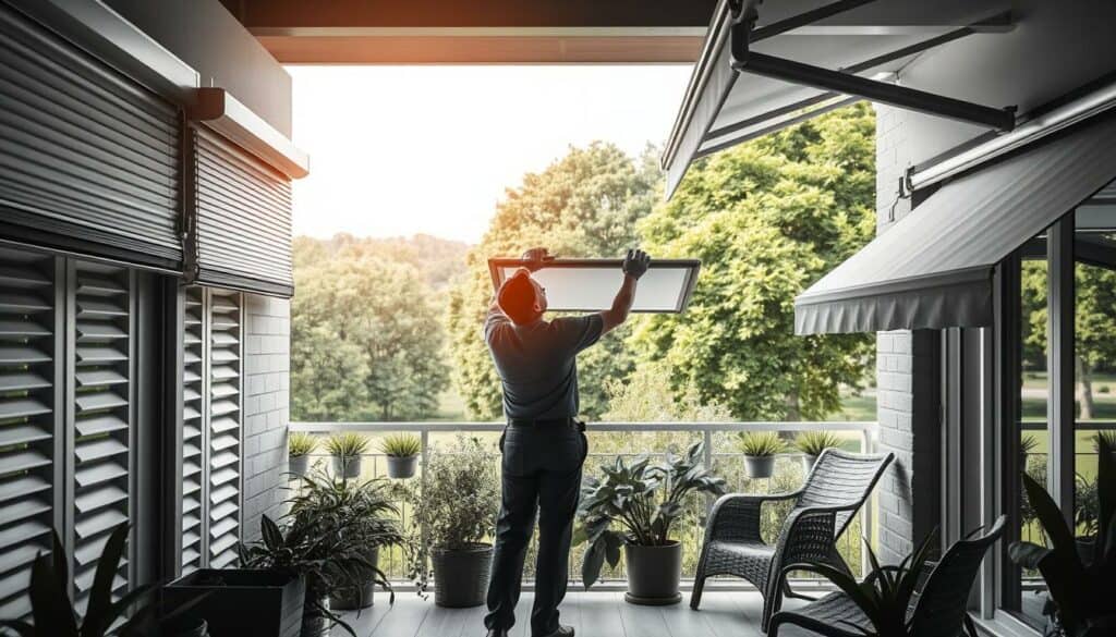 A serene outdoor scene, showcasing a variety of additional sun protection services. In the foreground, an array of high-quality window shutters, roller blinds, and awnings in muted tones of black and white, with pops of color highlighting their intricate details. The middle ground features a skilled technician meticulously installing one of the shades, their movements captured in a dynamic, almost kinetic, manner. In the background, a lush, verdant landscape provides a tranquil backdrop, casting soft, diffused lighting across the scene. The overall composition evokes a sense of expertise, attention to detail, and the seamless integration of these supplementary sun protection services into the home environment.