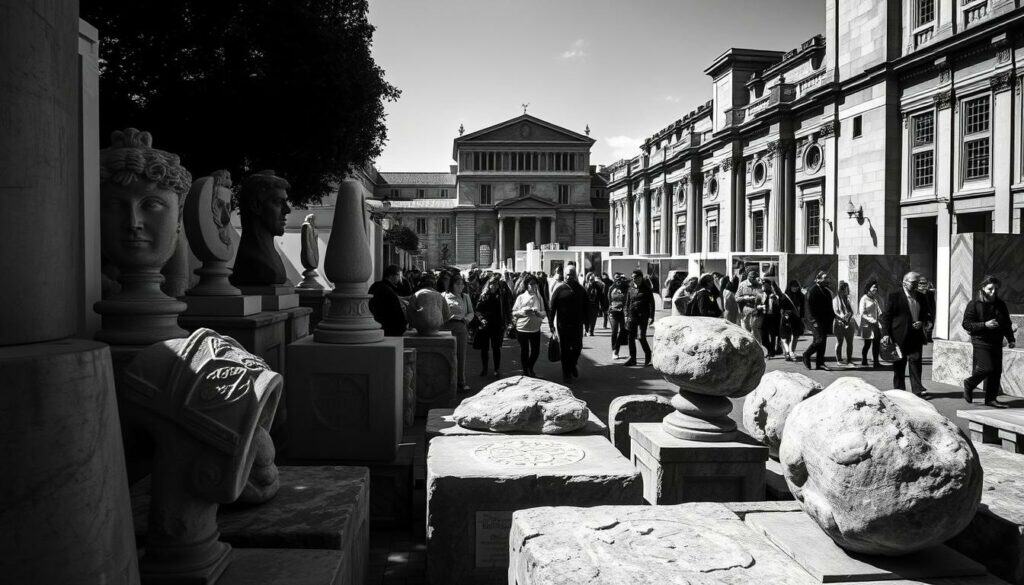 A serene outdoor setting showcasing a bustling Natursteinmesse (natural stone trade fair) in Nuremberg. The foreground features an array of intricate stone sculptures, their textures and patterns accentuated by dramatic chiaroscuro lighting, casting dramatic shadows. In the middle ground, groups of attendees wander through the exhibition, their silhouettes captured in a black and white palette, punctuated by strategic splashes of color from their attire. The background reveals the grand architectural backdrop of the event, with towering stone columns and ornate facades rendered in precise, minimalist lines. The overall atmosphere evokes a sense of energy, creativity, and the celebration of the natural world's raw, powerful beauty.