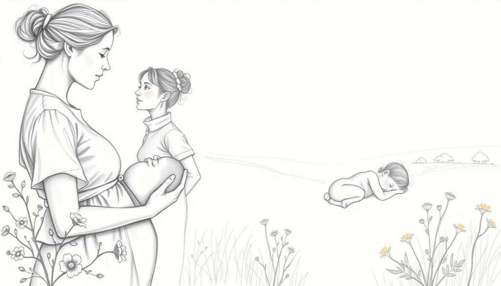 A serene, pencil-sketched scene depicting the multifaceted role of a midwife, from prenatal care to postpartum support. In the foreground, a midwife tenderly holds a newborn, surrounded by delicate floral accents in muted hues. The middle ground showcases a pregnant woman in gentle conversation with the midwife, their silhouettes shaded in intricate detail. In the background, a tranquil landscape with subtle bursts of color, reflecting the calming presence of the midwife throughout the journey of pregnancy and childbirth.