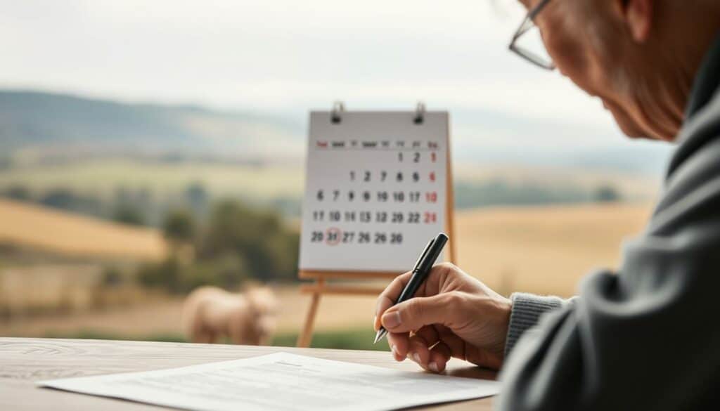 A serene, tranquil scene depicting the optimal timing for securing long-term care insurance. In the foreground, a thoughtful elderly person contemplates their financial future, a pen in hand, poised to sign the necessary documents. The middle ground features a calendar, the date circled in anticipation, while the background showcases a tranquil landscape with muted colors, suggesting the peace of mind that comes with proper planning. The lighting is soft and diffused, creating a sense of timelessness. The image conveys a sense of preparedness and foresight, emphasizing the importance of securing long-term care coverage at the right moment.