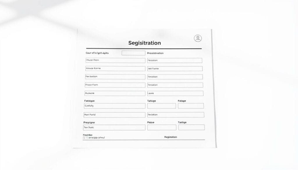 A simple, clean course registration form set against a minimalist white background. In the foreground, a neatly organized array of registration fields in shades of black and grey, with occasional pops of color highlighting key details. A stylized logo or icon in the corner suggests the language school's branding. The overall composition conveys a sense of efficiency, accessibility, and a streamlined user experience. Soft shadows and subtle perspective create depth, while the limited color palette maintains a crisp, professional aesthetic. The scene is lit by diffused natural light, casting gentle shadows and highlights that accentuate the simple, elegant design.