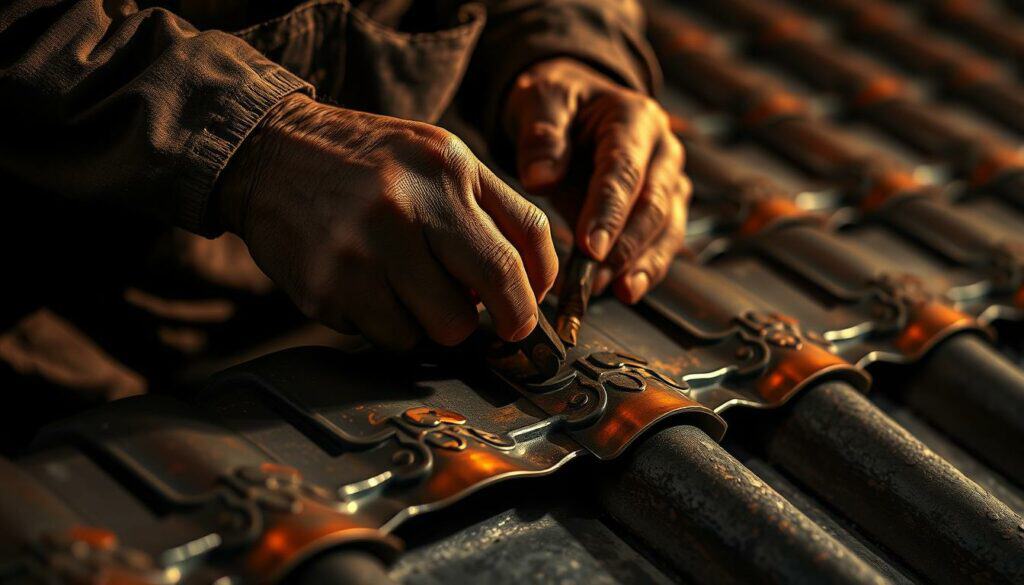 A skilled metalworker carefully shaping traditional copper roofing techniques. The scene captures the artistry and precision of the work, with the craftsman's hands carefully manipulating the malleable metal to create intricate patterns and forms. Warm, directional lighting illuminates the metalwork, casting dramatic shadows and highlighting the textures. The background is understated, allowing the focus to remain on the intricate, handcrafted process. Accents of color - perhaps a vibrant patina or polished trim - add visual interest and depth to the monochromatic palette. An image that conveys the enduring tradition and skilled craftsmanship of the spengler's trade.
