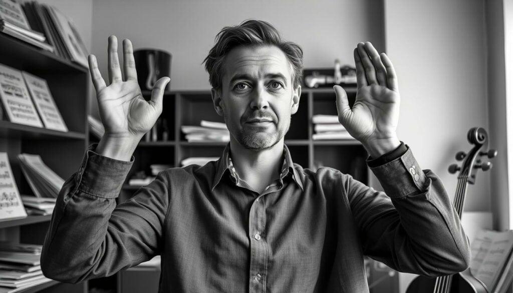 A skilled music teacher stands in a well-lit studio, hands raised in a graceful, expressive gesture. Shelves of sheet music and instruments line the walls, hinting at the wealth of knowledge and experience they possess. The teacher's face is captured in a pensive, yet confident expression, conveying their dedication to their craft. The scene is rendered in a striking black and white palette, with subtle pops of color highlighting the teacher's attire or a vibrant instrument in the background, lending an air of artistry and professionalism to the image.