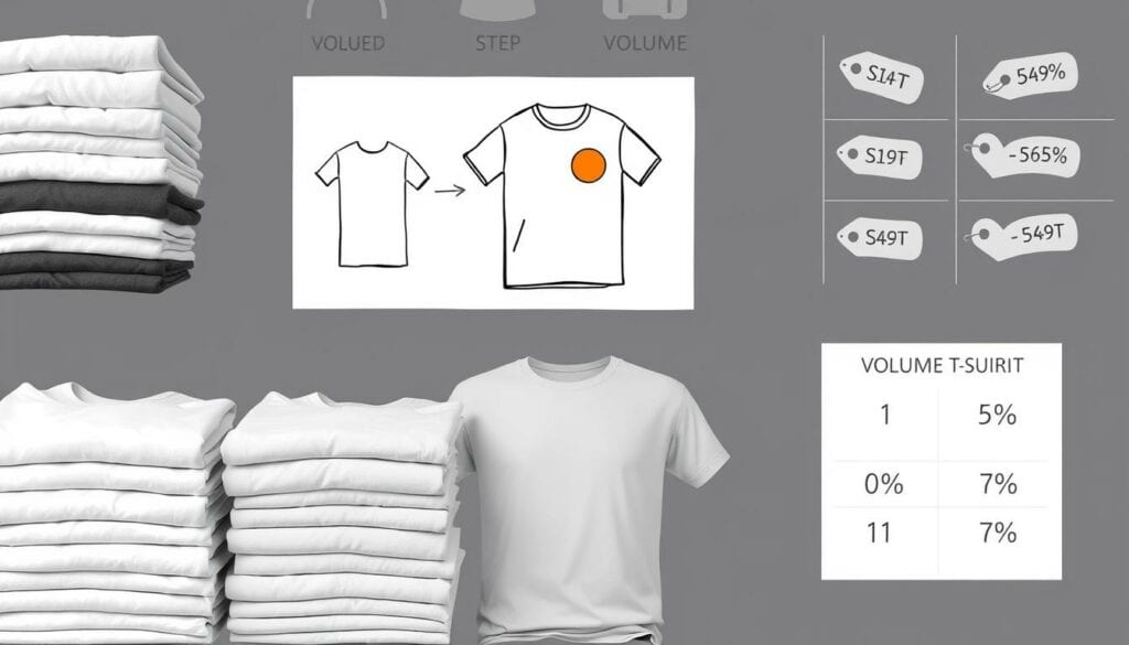 A sleek and minimalist graphical representation of the order process and volume discounts for customized t-shirts. The foreground shows an array of neatly stacked t-shirts in various sizes, with a central focus on one shirt prominently featuring a vibrant color accent. The middle ground depicts a clean, hand-drawn diagram outlining the step-by-step flow of the ordering process, using simple lines and shapes. In the background, a grid of subtle price tags and percentage symbols suggest the volume-based discount structure, rendered in a muted grayscale palette with strategic pops of color. The overall aesthetic is one of efficiency, clarity, and visual organization, conveying the key information in an easily digestible, graphical format.