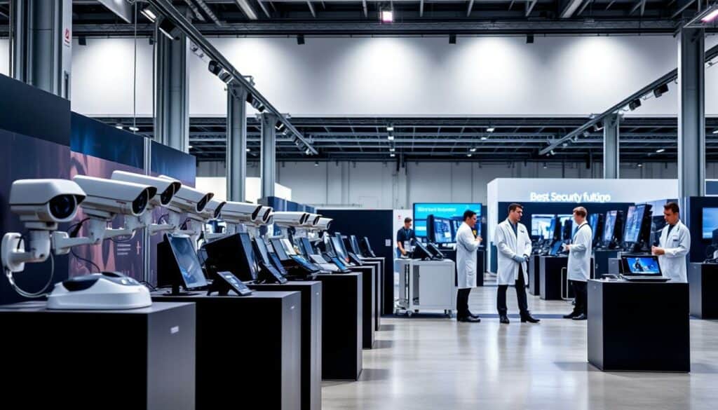 A sleek and modern industrial exhibition hall showcases the latest innovations in security technology. In the foreground, an array of cutting-edge surveillance systems and access control devices are displayed on minimalist pedestals, their functional forms accented with subtle pops of color. The middle ground features a series of dynamic product demonstrations, with technicians in crisp white lab coats highlighting the advanced capabilities of these cutting-edge security solutions. The background reveals the expansive exhibition space, its high ceilings and clean lines creating an atmosphere of technological sophistication, punctuated by the occasional splash of vibrant hues that draw the eye to key focal points. The overall scene conveys a sense of innovation, efficiency, and the collective power of the security industry to safeguard the future.