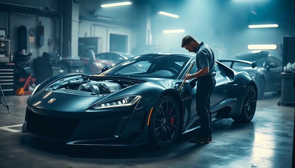 A sleek, high-performance sports car sits in a dimly lit garage, its curves accentuated by strategic lighting. The engine bay is exposed, revealing intricate mechanical components. In the foreground, a skilled technician inspects the engine, their tools and work area visible in muted tones. The background is hazy, with hints of additional vehicles and equipment, emphasizing the focus on the tuning process. The scene conveys a sense of precision, expertise, and the passion for enhancing automotive performance, with pops of color highlighting key elements.