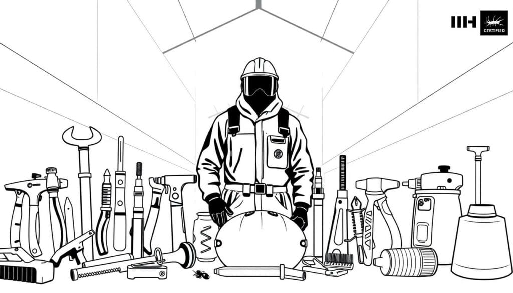 A sleek, minimalist illustration showcasing the expertise of a certified pest control professional. In the foreground, various tools and equipment used in the trade, rendered in detailed black and white with subtle pops of color to highlight their purpose. In the middle ground, the silhouette of a pest control worker in full protective gear, their face obscured, conveying a sense of authority and professionalism. The background features a clean, architectural setting, with angular lines and geometric shapes, suggesting the precision and efficiency of the IHK-certified service. The overall mood is one of competence, reliability, and a commitment to effective, responsible pest management solutions.