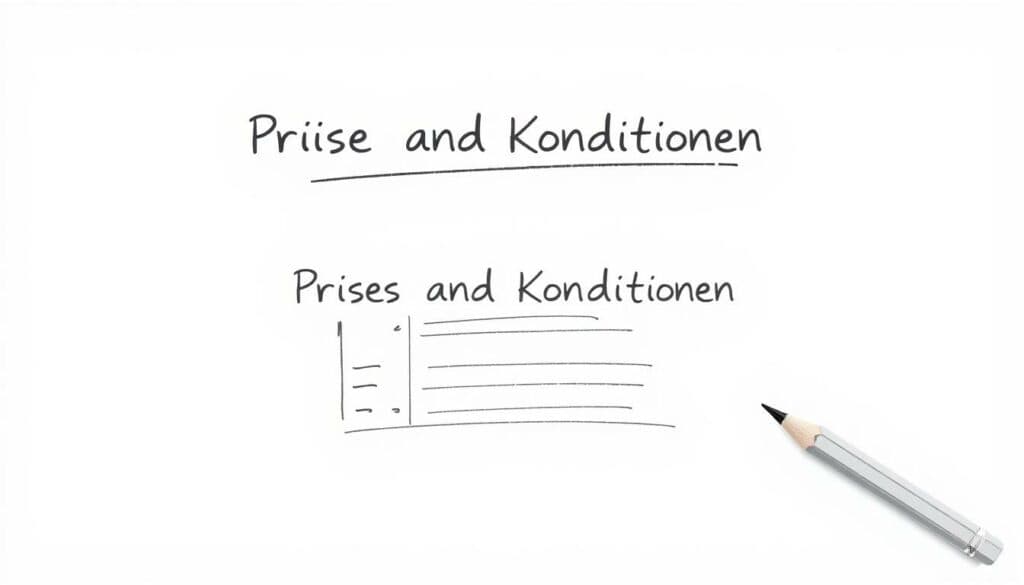 A sleek, minimalist presentation of "Preise und Konditionen" with a focus on clarity and simplicity. A black and white pencil sketch on a clean, crisp background, accented with strategically placed pops of color to draw the eye. The foreground features a neatly organized table or list outlining the key pricing details and rental conditions, presented in a professional yet approachable manner. The middle ground incorporates subtle geometric shapes or icons to complement the information, while the background maintains a sense of openness and balance. Muted lighting creates depth and dimension, guiding the viewer's attention to the essential details. The overall mood is one of efficiency, transparency and consumer-friendliness, reflecting the article's subject matter.