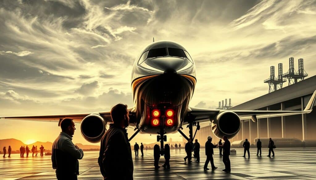 A sleek, modern aircraft soars gracefully against a backdrop of swirling clouds, its fuselage shimmering in a metallic hue. In the foreground, engineers scrutinize the intricate details of the aircraft's design, their faces illuminated by the warm glow of a holographic display. The middle ground is filled with a bustling airfield, where ground crew meticulously inspect the aircraft's systems, their movements captured in a blur of activity. In the distance, the silhouettes of towering hangar structures cast long shadows, creating a sense of depth and scale. The scene is rendered in a striking black-and-white palette, with vibrant pops of color highlighting key elements, such as the aircraft's fuselage and the holographic display. The overall atmosphere conveys a sense of innovation, sustainability, and the relentless pursuit of progress in the field of aviation.