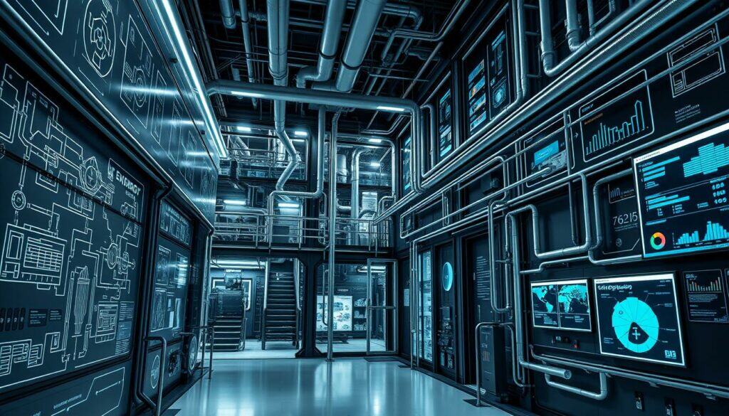 A sleek, modern building with a complex network of technical systems, pipes, and conduits coursing through its structure. Intricate schematics and diagrams adorn the walls, guiding the maintenance and optimization of the facility. Glowing status panels and interactive dashboards provide real-time data, allowing precise control over energy efficiency, HVAC, security, and other critical building functions. The scene is rendered in a muted, technical palette of black, white, and strategic pops of color, conveying the precise, analytical nature of this cutting-edge Technisches Gebäudemanagement System.