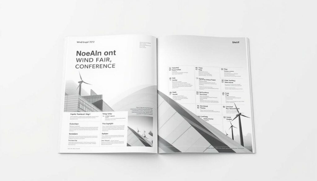 A sleek, modern conference program for the Wind Energy Trade Fair, showcasing a clean, minimalist design with subtle pops of color. The layout features a clean grid structure, highlighting key event details and schedules in a crisp, legible manner. Architectural elements, such as geometric shapes and lines, create a sense of dynamism and forward-thinking. The overall aesthetic conveys a professional, tech-savvy atmosphere suitable for the wind energy industry. Rendered in a predominantly monochrome palette with strategic splashes of color to draw the eye, the program exemplifies the cutting-edge technology and innovation at the heart of the wind energy expo.