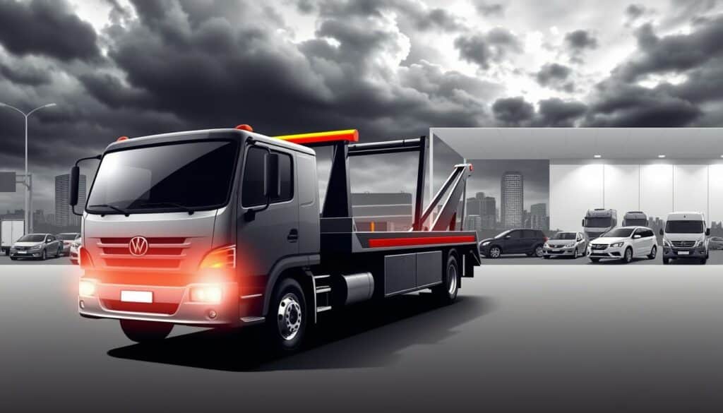 A sleek, modern tow truck in the foreground, its bold typography and dynamic silhouette commanding attention. In the middle ground, a bustling urban landscape with various vehicles in need of assistance, set against a moody, cloudy sky. The background features a minimalist, architectural setting with clean lines and strategic pops of color, hinting at the comprehensive 24/7 services offered. The overall aesthetic is a harmonious blend of functionality, efficiency, and an unwavering commitment to customer care, conveyed through a striking, monochromatic palette punctuated by selective, vibrant accents.