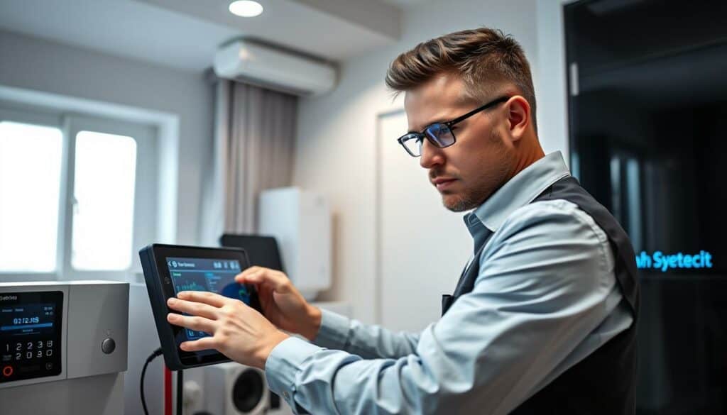 A smartly designed, well-maintained smart home interior with a technician performing diagnostics and repairs on a digital control panel. The scene features a minimalist, monochromatic palette with strategic pops of color highlighting key components. Soft, directional lighting illuminates the technician's focused expression as they inspect and troubleshoot the system, conveying a sense of meticulous care and attention to detail. The overall atmosphere is one of professionalism, efficiency, and a commitment to keeping the smart home operating at its optimal level.