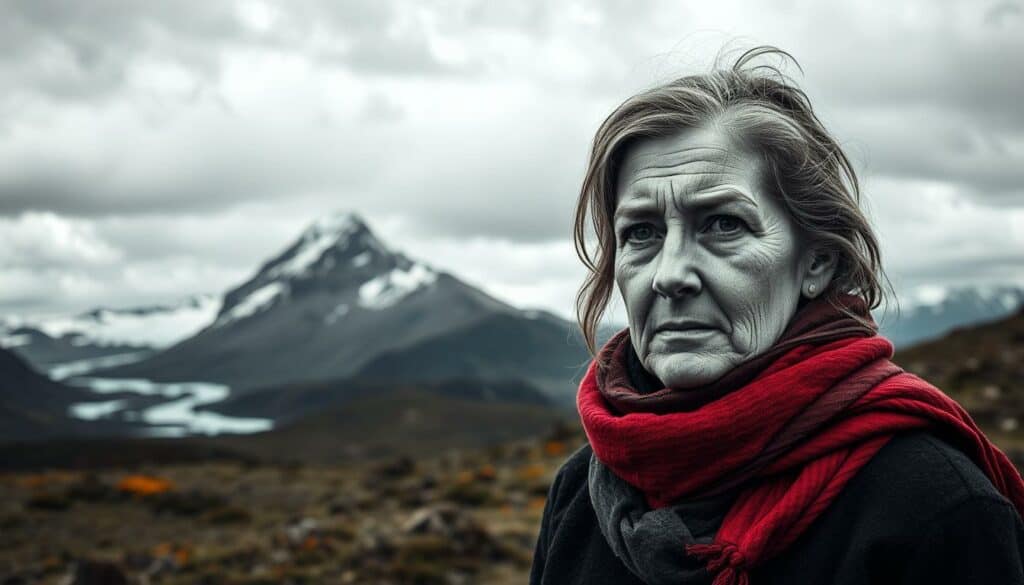 A solemn and introspective landscape, the Laila Peak stands majestically against a moody, clouded sky. In the foreground, a weathered, black and white portrait of Laura Dahlmeier, her gaze both resolute and pensive, serves as a poignant focal point. Surrounding her, delicate splashes of color - a vibrant red scarf, the verdant hue of an alpine meadow, the azure of a distant glacier - imbue the scene with a sense of fragility and transience, echoing the legacy she has left behind. The composition is marked by a sense of contemplation and reverence, as if capturing the quiet moment of a final farewell.