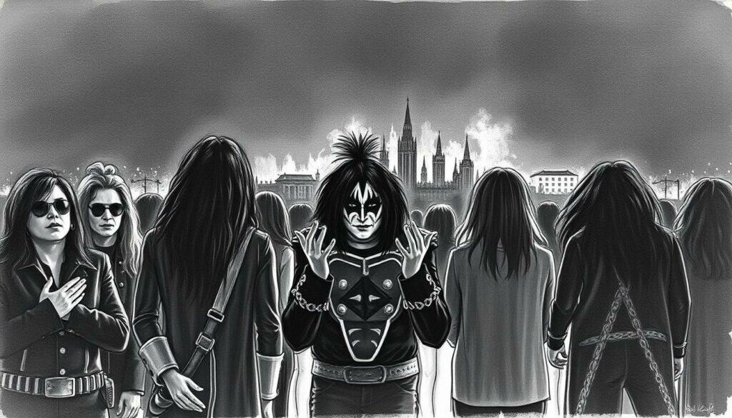 A somber tribute to the late Ace Frehley of KISS, depicted in a moody, black and white sketch-like style with subtle splashes of color. In the foreground, a group of musicians, hands clasped or raised in reverence, their expressions solemn as they come together to honor their fallen comrade. In the middle ground, a silhouetted cityscape fades into the distance, a backdrop for this poignant gathering. The lighting is dramatic, casting deep shadows and highlighting the pensive atmosphere. The overall mood is one of melancholy respect, a powerful visual representation of the "Musikwelt Tribut Reaktionen" in the wake of Ace Frehley's passing.