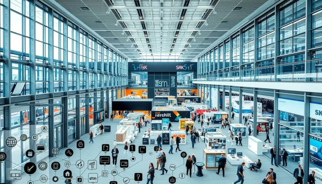 A sophisticated exhibition hall showcasing the latest advancements in the SHK (Sanitary, Heating, and Air Conditioning) industry. Sleek, minimalist architecture with clean lines and expansive glass facades allows natural light to flood the space, creating a bright and airy atmosphere. In the foreground, a mosaic of interconnected icons and symbols representing the key product categories and technological innovations take center stage, rendered in a muted palette of blacks and greys with pops of vibrant color to draw the eye. The middle ground features dynamic product displays and interactive installations, inviting visitors to engage with the cutting-edge solutions on offer. In the background, a panoramic view of the bustling exhibition floor, bustling with energy and innovation, as industry professionals from around the world converge to explore the future of sustainable building technologies.