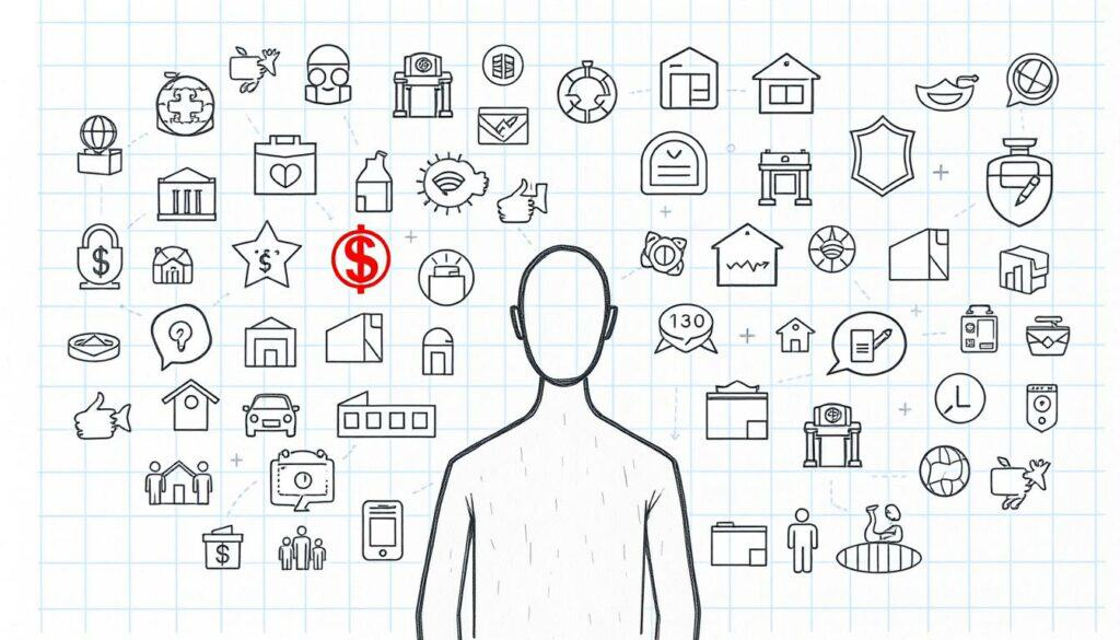 A sophisticated illustration showcasing the various options of Pflegekostenversicherung. The scene depicts a central figure, represented by a simple line sketch, surrounded by a detailed array of insurance policy icons and symbols. The background features a subtly textured grid, suggesting the structured nature of the insurance industry. Pops of muted color, such as red and blue, draw the eye to key elements, while the overall aesthetic maintains a clean, minimalist black and white palette with sketchy pencil-like strokes. The composition balances informative clarity with a visually striking and conceptual design, capturing the essence of the "Pflegekostenversicherung Varianten" subject matter.