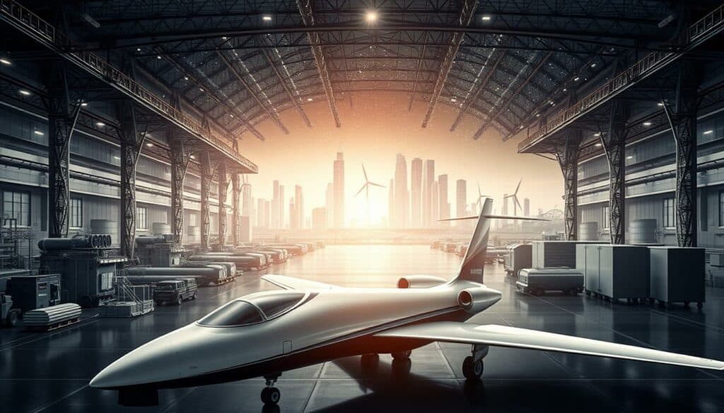 A sophisticated industrial facility with sleek, aerodynamic aircraft in the foreground. The mid-ground features cutting-edge sustainable aviation technologies like biofuel refineries, wind turbines, and solar panels. In the background, a futuristic cityscape with towering skyscrapers and a clear, starry night sky. The scene is rendered in a precise, technical style using a muted palette of blacks, whites, and subtle pops of color to highlight key innovations. Dramatic, high-contrast lighting illuminates the scene, creating an atmosphere of innovation and progress.