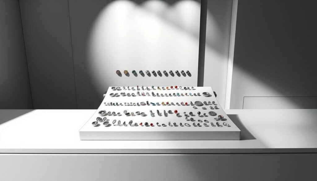 A sophisticated piercing studio setting, with a focal point on the array of high-quality body jewelry displayed on a sleek, minimalist counter. Soft, directional lighting creates dramatic shadows and highlights the intricate metalwork. The background features a clean, monochromatic palette, allowing the vibrant colors of the piercings to pop. The overall atmosphere conveys a sense of professionalism, attention to detail, and a dedication to providing a premium piercing experience. The scene is rendered in a restrained, graphite-like aesthetic, with pops of color accentuating the piercing hardware.