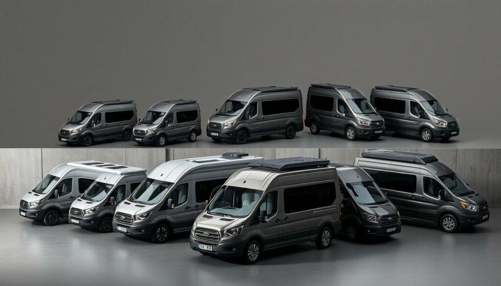 A spacious and modern campervan fleet, showcased in a sleek, minimalist display. Varying sizes and configurations, each with distinctive silhouettes against a subtly textured backdrop. Intriguing angles and perspectives capture the diverse vehicle options, inviting the viewer to imagine their perfect road trip companion. Muted tones of gray and black, punctuated by strategic pops of color, evoke a sense of sophistication and functionality. Crisp lighting illuminates the clean lines and premium materials, highlighting the attention to detail. This carefully curated selection caters to a wide range of needs and preferences, offering the ultimate in customizable van life experiences.