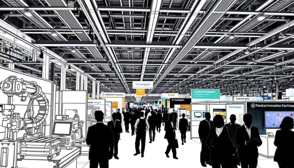 A spacious and well-lit exhibition hall, the Trends und Innovationen Fachmesse Intralogistik showcases the latest advancements in logistics and materials handling. The foreground features a diverse array of innovative products and technologies, their intricate details rendered in precise black-and-white sketches with splashes of muted color to highlight key features. In the middle ground, visitors and exhibitors engage in lively discussions, their silhouettes captured in a dynamic, gestural style. The background depicts the grandeur of the event, with high ceilings, sleek architectural elements, and the occasional pop of color from signage or branding. The overall atmosphere conveys a sense of excitement and progress, reflecting the cutting-edge nature of the logistics industry.