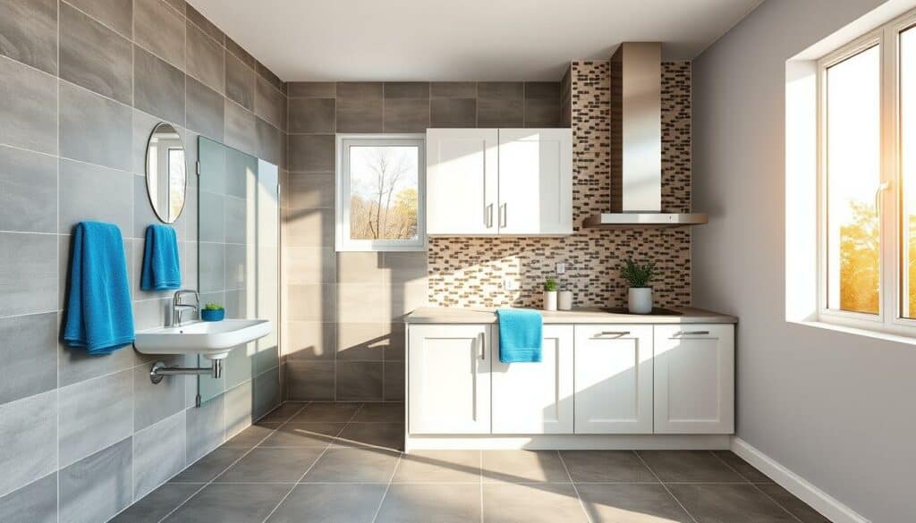 A spacious bathroom and kitchen interior, showcasing the diverse skills of a professional tiler. In the bathroom, sleek grey tiles line the walls, complemented by vibrant blue accents in the form of towels and accessories. The kitchen features a mix of modern white cabinets and a backsplash of intricate, patterned tiles in shades of brown and beige. Sunlight streams in through large windows, casting a warm glow over the scenes. The tiled surfaces are impeccably smooth, demonstrating the artistry and attention to detail of the skilled tradesman. The overall atmosphere conveys a sense of elegance, functionality, and the pride of a job well done.