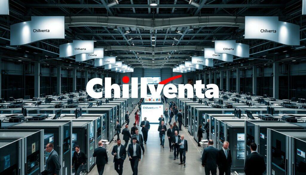 A sprawling exhibition hall, its cavernous interior bathed in soft, diffused lighting. Rows of sleek, state-of-the-art cooling equipment line the aisles, their metallic surfaces gleaming in muted tones of black and white. Visitors clad in business attire navigate the space, examining the latest advancements in refrigeration technology with keen interest. In the foreground, a central display showcases the Chillventa brand, its bold typography and graphic elements punctuated by strategic pops of color, drawing the eye and commanding attention. The scene conveys a sense of industry expertise, innovation, and the global importance of this leading trade fair for the refrigeration sector.