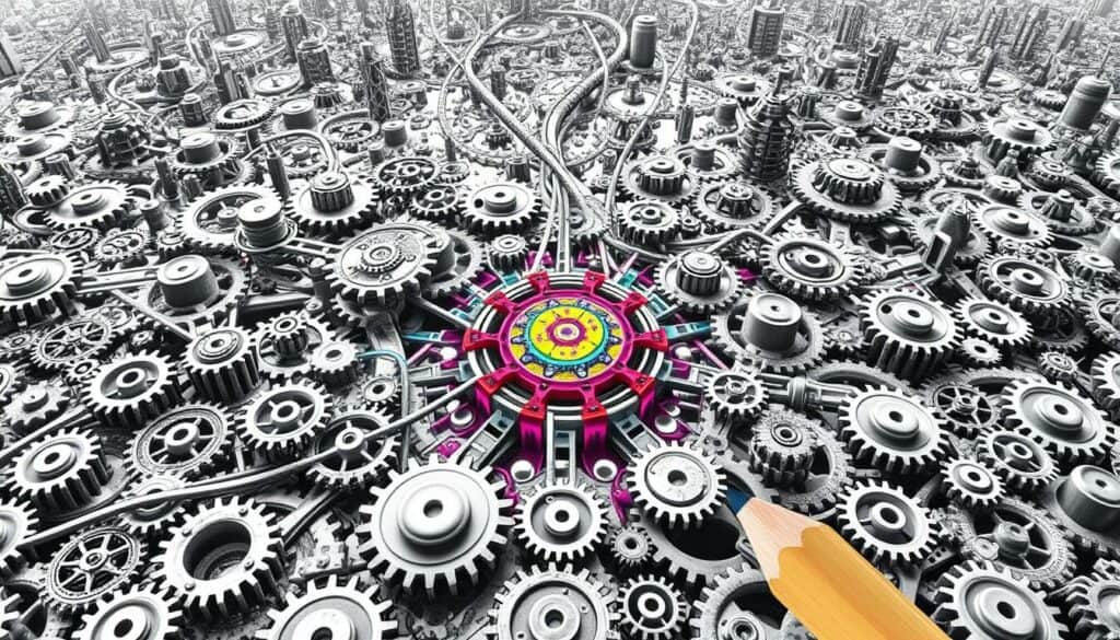 A sprawling landscape of interconnected gears, cogs, and mechanical components, depicting the complex "Faktoren des KI-Wandels". In the foreground, a central hub of interlocking parts, pulsing with energy and vibrant hues, symbolizing the driving forces behind the AI transformation. The middle ground features a network of pathways and channels, weaving together different elements such as data streams, algorithmic processes, and technological advancements. In the background, a vast expanse of monochrome gears and wheels, representing the broader systemic changes and societal implications of this transformative shift. The overall composition conveys a sense of dynamism, evolution, and the intricate interplay of factors that shape the future of work and AI.