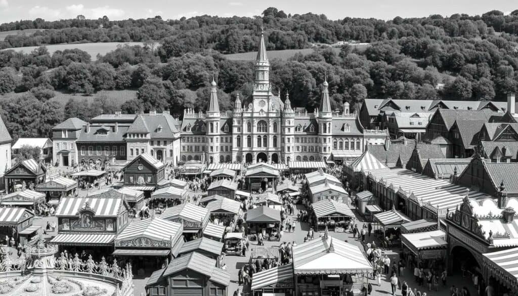A sprawling regional fair, bustling with life and history. In the foreground, intricate booths and stalls showcase the diverse wares of local artisans and merchants, their goods rendered in vivid shades of gray. The middle ground reveals the grand architecture of the fairground, its ornate facades and towering spires casting long shadows across the scene. In the background, the lush greenery of the surrounding landscape provides a serene backdrop, punctuated by subtle pops of color from the festival flags and banners that flutter in the gentle breeze. The overall mood is one of timeless tradition and community, captured in a striking black-and-white composition with selective colorful accents. A sprawling regional fair, bustling with life and history. In the foreground, intricate booths and stalls showcase the diverse wares of local artisans and merchants, their goods rendered in vivid shades of gray. The middle ground reveals the grand architecture of the fairground, its ornate facades and towering spires casting long shadows across the scene. In the background, the lush greenery of the surrounding landscape provides a serene backdrop, punctuated by subtle pops of color from the festival flags and banners that flutter in the gentle breeze. The overall mood is one of timeless tradition and community, captured in a striking black-and-white composition with selective colorful accents.
