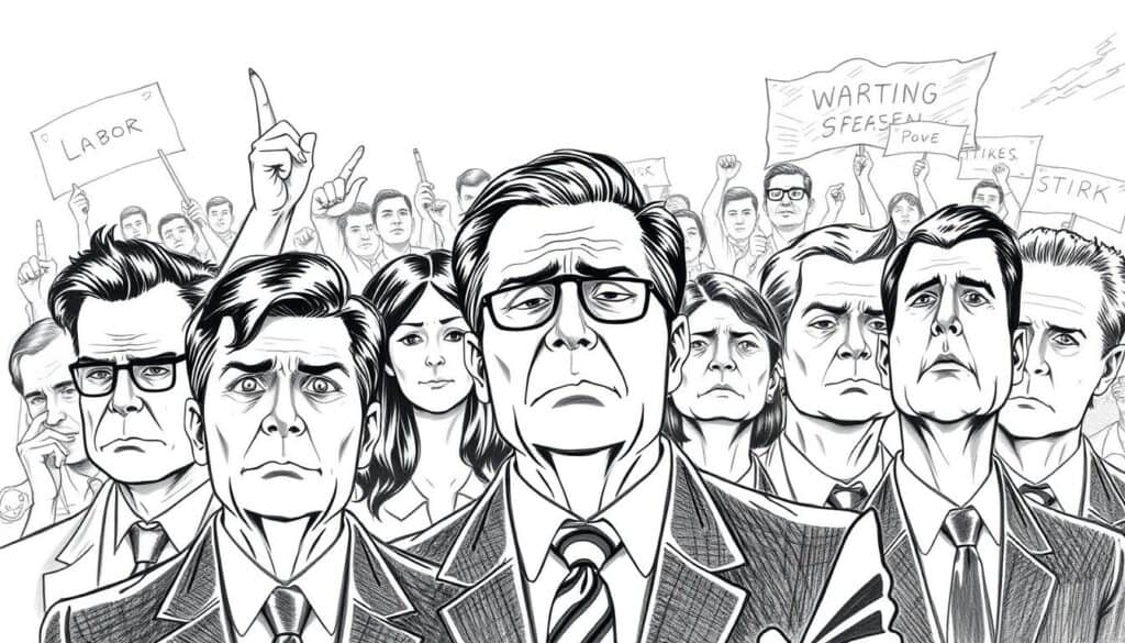 A stark black and white illustration of various corporate executives and business leaders reacting with concern and apprehension to the threat of massive worker strikes, as suggested by the labor union leader's ominous warning. The foreground depicts the executives in a tense, pensive pose, their faces etched with worry. The middle ground showcases the diverse reactions, from hand-wringing to furrowed brows, captured in precise pencil sketches. The background hints at a looming labor unrest, with only sparse pops of color to underscore the gravity of the situation. The overall mood is one of foreboding tension, reflecting the high-stakes consequences facing employers in the wake of the union's ultimatum.