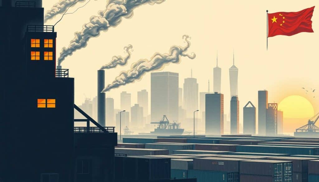 A stark, industrial-style illustration of China's rare earth export restrictions. A towering factory facade in the foreground, its windows glowing with an ominous amber light. Billowing smoke plumes from smokestacks, casting dramatic shadows. In the middle ground, rows of cargo containers in muted grays and blues, symbolizing the restricted flow of rare earth elements. The background is a hazy cityscape, skyscrapers rendered in precise pencil strokes. Pops of color emerge - a red Chinese flag, the golden glow of a sunset. An atmosphere of economic tension and geopolitical power struggles.