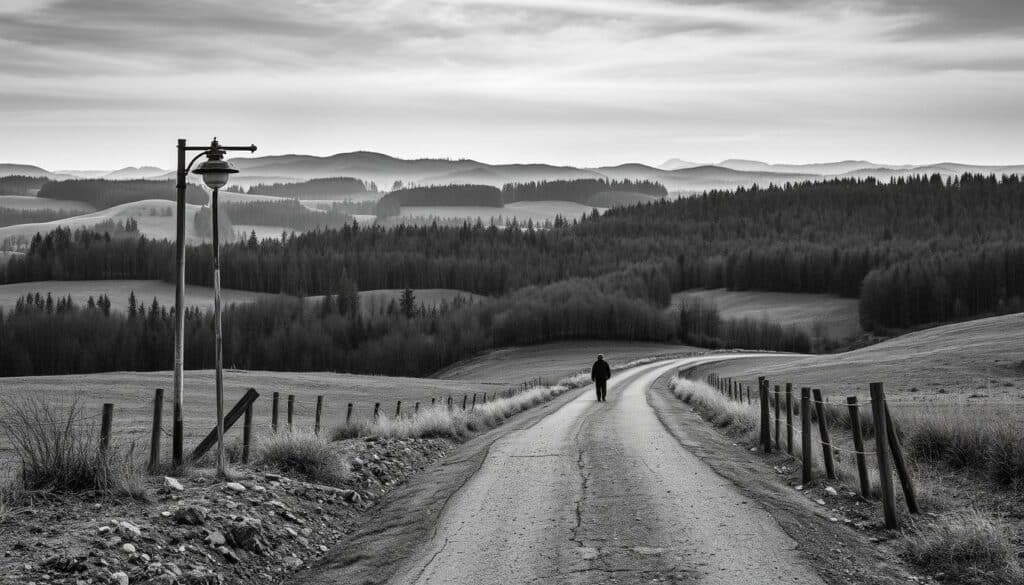A stark landscape of rolling hills and sparse forests, once vibrant but now fading, symbolizes the demographic shift in Eastern Germany. Monochrome shades of gray and black dominate the scene, punctuated by occasional splashes of color - a lonely streetlamp, a weathered signpost, a solitary figure walking a deserted road. The atmosphere is somber, reflecting the challenges of population decline and outmigration. Careful use of perspective and depth of field draws the viewer's eye towards the receding horizon, hinting at the ongoing demographic changes that continue to reshape this region. A stark landscape of rolling hills and sparse forests, once vibrant but now fading, symbolizes the demographic shift in Eastern Germany. Monochrome shades of gray and black dominate the scene, punctuated by occasional splashes of color - a lonely streetlamp, a weathered signpost, a solitary figure walking a deserted road. The atmosphere is somber, reflecting the challenges of population decline and outmigration. Careful use of perspective and depth of field draws the viewer's eye towards the receding horizon, hinting at the ongoing demographic changes that continue to reshape this region.