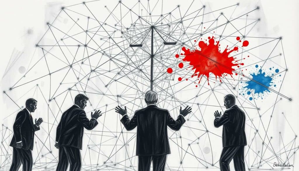 A strategic defense plan emerges, its intricate web of lines and shapes capturing the essence of John Bolton's response. Shadowy figures in the foreground, their gestures hinting at a carefully choreographed legal strategy. In the middle ground, a labyrinth of interconnected pathways, representing the complex web of arguments and counterarguments. The background, a muted palette of greys and blacks, punctuated by bold splashes of color, symbolizing the high-stakes nature of the legal battle. Pencil-drawn textures lend a sense of depth and dimension, while selective pops of color draw the viewer's eye to the most salient details. An image that captures the tension, the strategy, and the high-stakes drama of John Bolton's defense.