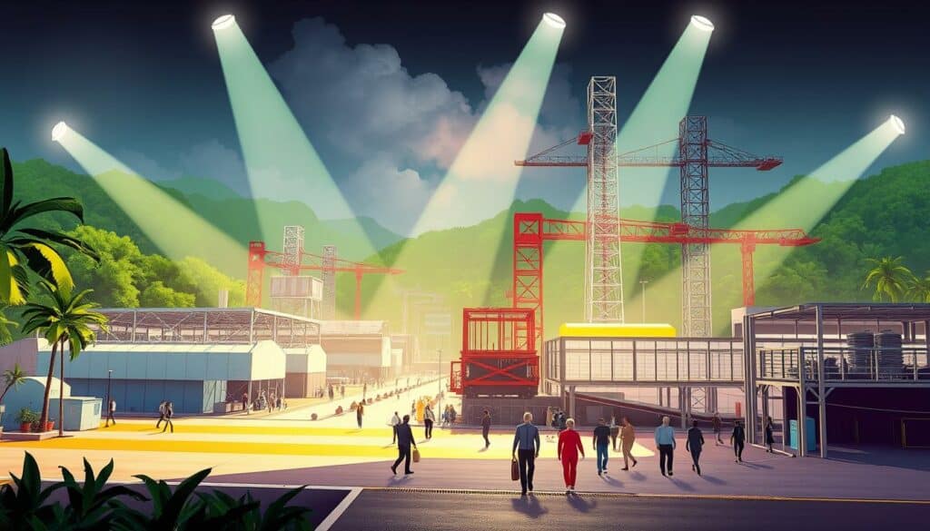 A sweeping industrial fairground in the heart of Brazil, with towering modern pavilions and strategic partnerships showcased in vibrant splashes of color. Gleaming metal and glass structures rise against a backdrop of lush foliage, while stylized figures stroll the bustling aisles, examining the latest manufacturing innovations. Bright spotlights illuminate the scene, casting dramatic shadows and highlights across the pragmatic, yet visually captivating, Partnerland Brasilien Industrie Messe. The overall atmosphere conveys a sense of technological progress, global collaboration, and Brazil's strategic role as a key player in the international industrial landscape.