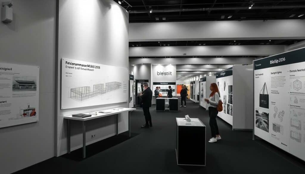 A tranquil exhibition hall filled with informative displays and helpful signage. A practical and organized layout guides visitors through the space, with clean lines and minimalist design. Muted tones of black and white create a calming atmosphere, punctuated by strategic pops of color that draw the eye. Precise architectural sketches and technical diagrams offer visitors a clear understanding of the event's logistics and amenities. Soft lighting illuminates the scene, casting gentle shadows and highlighting the detailed information. An inviting and efficient environment that caters to the needs of the Freizeitmesse München 2026 attendees.