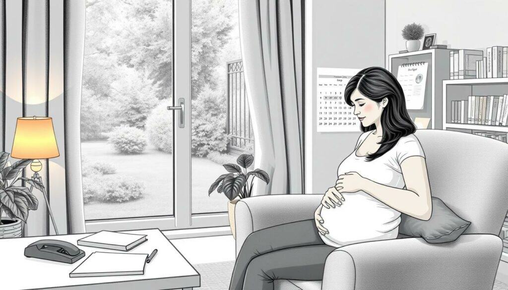 A tranquil scene of a cozy living room, with a large window overlooking a serene garden. In the foreground, a pregnant woman sits comfortably on a plush armchair, her hands resting gently on her belly. Nearby, a side table displays a phone and a notebook, hinting at the search for a local midwife. The middle ground features a warm, inviting lamp casting a soft glow, and a bookshelf filled with parenting resources. In the background, a calendar on the wall shows the progression of the pregnancy. The image is rendered in a muted, black and white palette with subtle pops of color, such as the green plants and the woman's warm complexion, creating a calming and introspective atmosphere.