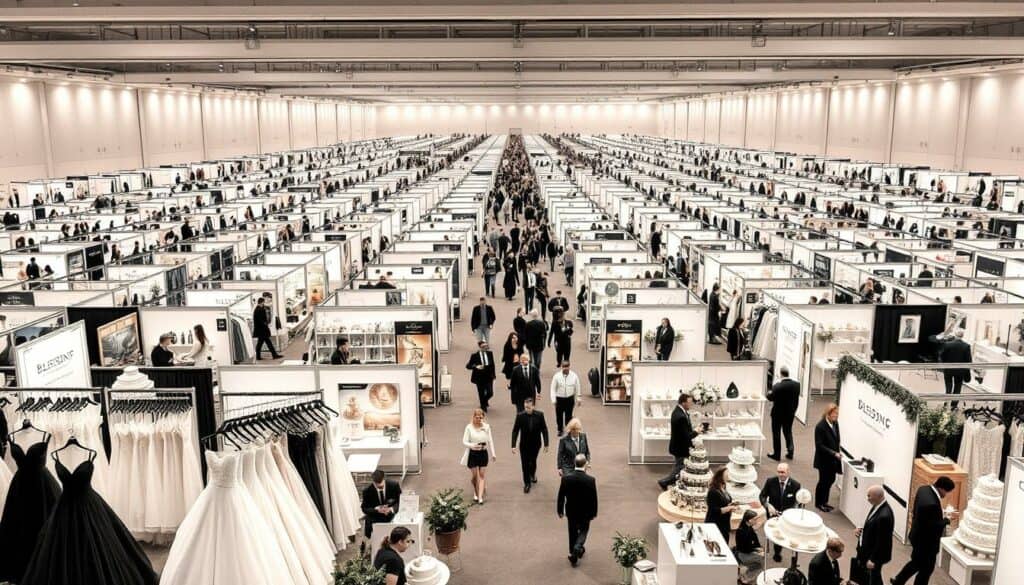 A vast exhibition hall filled with tastefully arranged wedding vendor booths, each offering a tantalizing array of services. In the foreground, a display of elegant wedding dresses and accessories rendered in a muted palette of blacks, whites, and subtle pops of color. In the middle ground, rows of neatly organized tables showcasing a diverse selection of cakes, floral arrangements, and other wedding decor. The background is a sea of potential clients, wandering amidst the offerings, their silhouettes providing a sense of scale and energy. The lighting is soft and diffused, casting a warm, inviting glow over the scene. The overall atmosphere is one of refined sophistication, with a hint of excitement and anticipation for the celebrations to come.