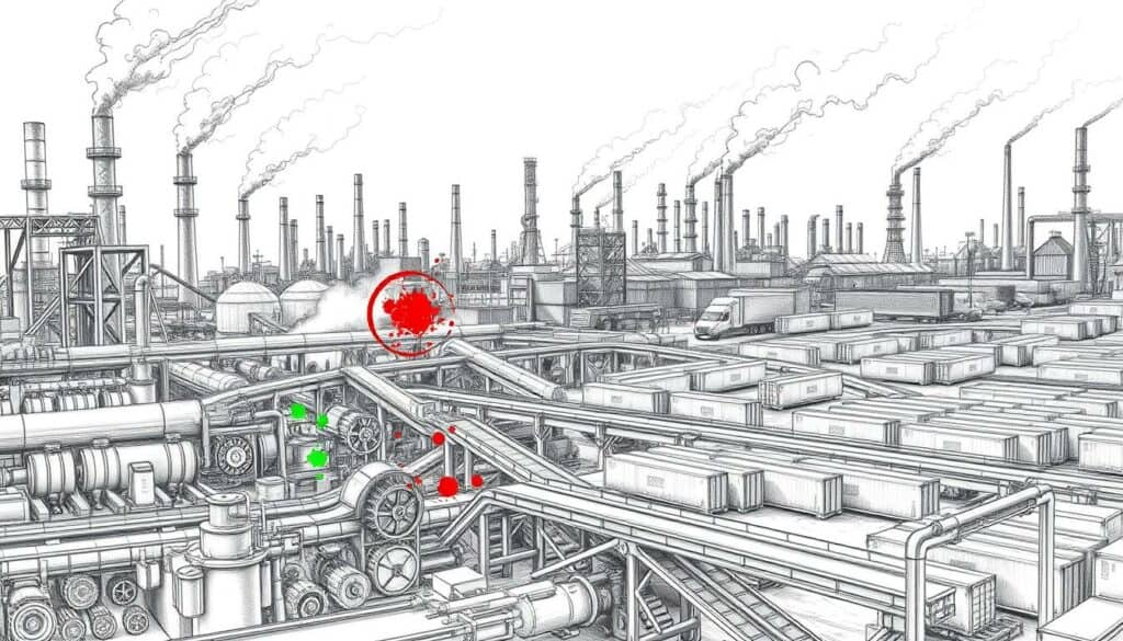 A vast industrial landscape, dominated by towering factories and warehouses, their chimneys belching plumes of smoke. In the foreground, a tangle of machinery and conveyor belts, their gears and cogs motionless, as if frozen in time. Splashes of color, like glitches in the monochrome scene, hint at the missing components that have ground production to a halt. In the distance, a gridlock of trucks and cargo containers, a visual metaphor for the supply chain disruptions rippling across the industry. The scene is rendered in a stark, pencil-sketched style, with only the occasional burst of vibrant hue, underscoring the gravity of the situation.