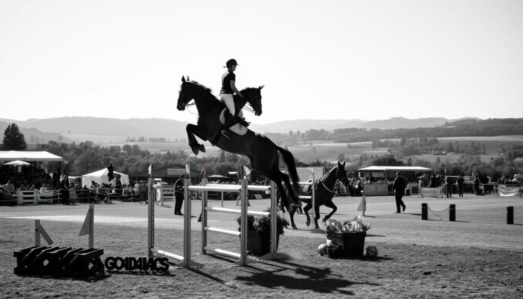 A vibrant equestrian event in a picturesque setting, Galashows Pferdesport captures the thrill and elegance of the sport. In the foreground, a graceful rider atop a powerful steed leaps over a fence, their movements frozen in a precise, choreographed ballet. The middle ground showcases the bustling activity of the event, with spectators lining the arena and support staff tending to the horses. In the background, a panoramic landscape unfolds, with rolling hills and a clear sky creating a serene, contemplative atmosphere. The scene is rendered in a moody, high-contrast black and white palette, punctuated by subtle pops of color that draw the eye to the key elements. The overall composition conveys the energy, discipline, and beauty inherent in the world of Pferdemesse.