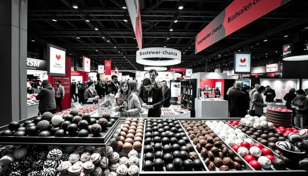 A vibrant exhibition booth at the ISM Süßwarenmesse, showcasing an array of tempting confections. The foreground features an eye-catching display of glistening chocolates, truffles, and candies, artfully arranged to tantalize the senses. In the middle ground, a team of enthusiastic sales representatives engage with potential customers, demonstrating the quality and craftsmanship of the products. The background reveals a bustling trade show floor, with a sea of attendees exploring the diverse offerings of the confectionery industry. The scene is captured in a moody, black-and-white palette, punctuated by strategic pops of color that draw the viewer's attention to the central focal points. The overall atmosphere evokes a sense of opportunity, as the "Aussteller Chance" at the ISM Süßwarenmesse 2026 beckons the viewer to discover the delights of the confectionery world.