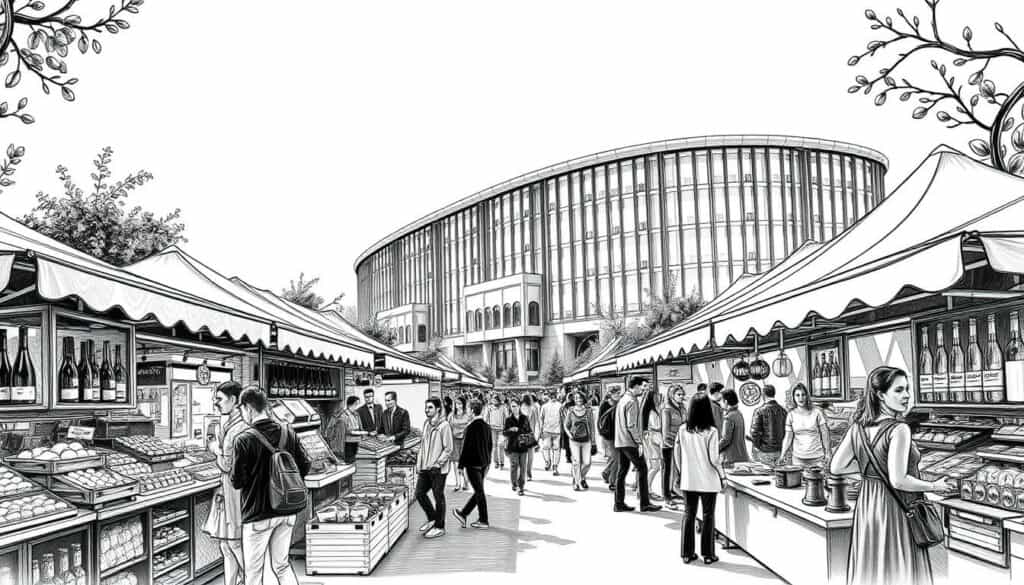 A vibrant food market scene set in the heart of Munich, showcasing the diverse culinary delights of the FOOD & LIFE 2026 event. In the foreground, an array of artisanal stalls and vendors offer a tantalizing array of fresh produce, baked goods, and local specialties, rendered in a striking black and white palette with subtle pops of color. The middle ground features the bustling crowd of attendees, their forms captured in dynamic, gestural strokes, conveying the energy and excitement of the occasion. In the background, the iconic architecture of the Messe München exhibition center serves as a striking backdrop, its grand, modern design providing a sleek, contemporary contrast to the organic, handcrafted elements of the market. The overall tone is one of anticipation and celebration, with a sense of depth and dimensionality achieved through the thoughtful composition and careful rendering of the scene.