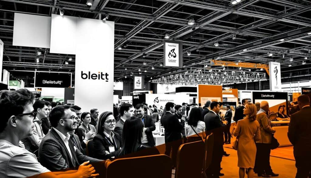 A vibrant international trade fair, its bustling exhibition halls filled with a diverse array of specialized programs and engaging formats. In the foreground, a group of professionals deeply immersed in an informative panel discussion, their expressions captivated by the presentation. The middle ground showcases a lively networking session, attendees exchanging ideas and making valuable connections. In the background, an expansive display of the latest industry technologies, sleek and modern, illuminated by warm, directional lighting. The scene is rendered in a striking black and white palette, with selective pops of color highlighting key elements, creating a dynamic and visually striking composition.