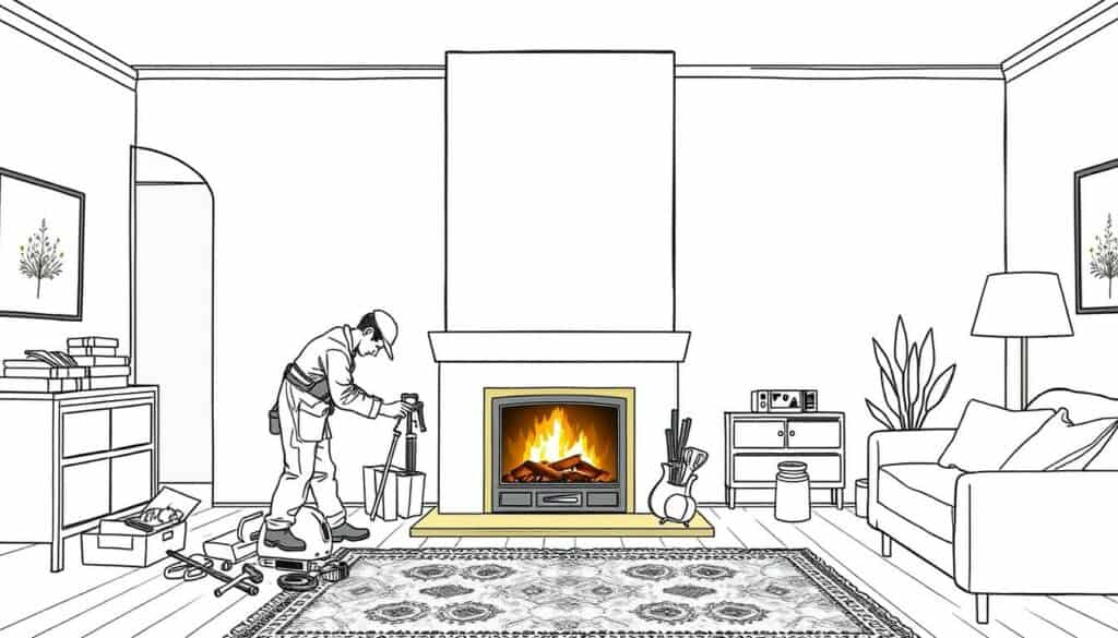 A well-crafted, elegantly illustrated image showcasing the comprehensive "Kamin Service Komplettlösung" offering. The scene depicts a warm, inviting living room with a central fireplace as the focal point. In the foreground, a skilled technician meticulously inspects the fireplace, surrounded by an array of tools and equipment. The middle ground features a smooth blend of architectural elements, highlighting the attention to detail and craftsmanship. The background subtly suggests a cozy, comfortable ambiance, with soft lighting and muted tones creating a sense of tranquility. The image is rendered in a distinctive black and white palette, punctuated by strategic pops of color, such as the warm glow of the fireplace or the subtle shades of a decorative rug. The overall composition conveys a harmonious balance between functionality and aesthetic appeal, reflecting the expertise and care that goes into the "Kamin Service Komplettlösung" experience.